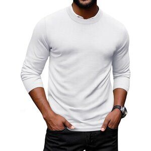 Coofandy Men White Crew Neck Pullover Long Sleeve Lightweight Dress Sweater